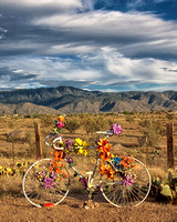 A bright yellow bicycle has been decorated with flowers as a memorial to it's lost rider along a road leading from the high-desert into the Sandia Mountain foothills under a beautiful late afternoon s