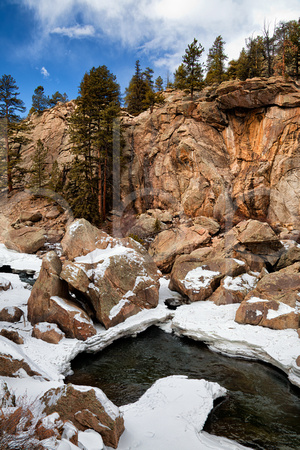 Snow and Ice of Winter Cover the Trout Filled, Rushing, Frigid and Green Waters of the South Platte River as it Winds it's Way Through Eleven Mile Canyon Below the Dam, Eleven Mile Canyon, Lake George