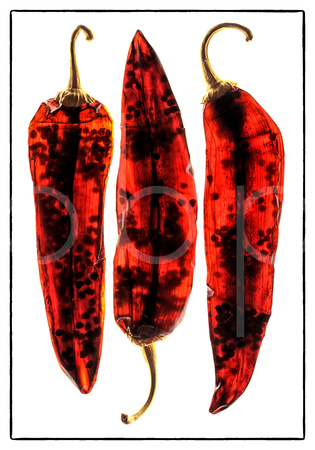Here, Three Dried Guajillo Peppers Receive Only Back Light.  Flags Were Used To Prevent Unwanted Flare And Light Spread in this commercial product advertising photograph by Brian Buckner Photography.