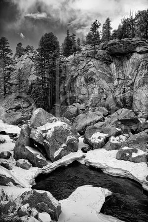 Eleven Mile Canyon in Winter Snow, South Platte River, Lake George, Co (black and white/monochrome)