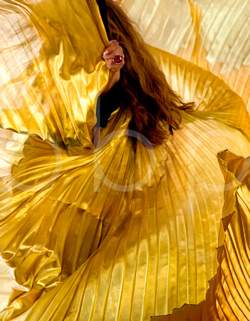 A Belly Dancers Whirling And Billowing Golden Silk Costume Sets Off Her Red Hair In this commercial environmental portrait photograph by brian Buckner Photography, Shreveport, Louisiana.