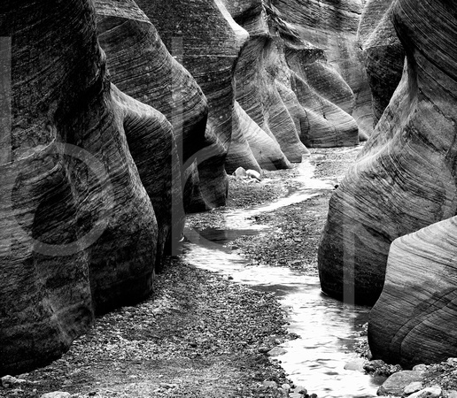 A Small Stream Flowing Through Willis Creek Slot Canyon's water eroded walls in this commercial balck and white landscape photograph by Brian Buckner Photography, Shreveport, Louisiana.