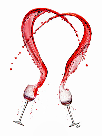 Two wine glasses filled with wine are thrown upwards creating a heart shaped splash in this commercial product advertising photograph, "Here's To Love" by Brian Buckner Photography, Shreveport.
